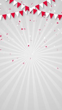 red white confetti and flags happy birthday and party celeblation on sunburst animation, sale and promotion vertical social media morion background