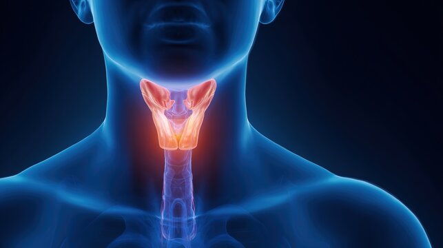 Medical illustration of Thyroid Cancer, a malignant tumor arising from thyroid tissue in the neck, with common types including papillary, follicular, medullary and anaplastic thyroid cancer. Often ass