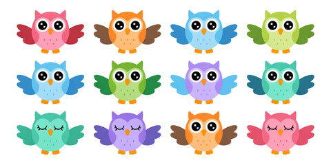Obraz premium A collection of twelve colorful cartoon owls displayed in a grid with various vibrant expressions Vector