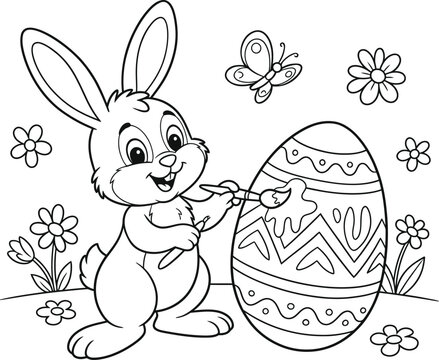 Cute Easter Bunny Painting Decorated Egg Coloring Page Outline