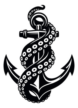 Stylized illustration of an anchor with an octopus tentacle depicting a deep sea embrace for maritime designs