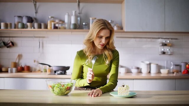 Hungry woman comparing food plates choosing diet kitchen. Lady nutrition dilemma