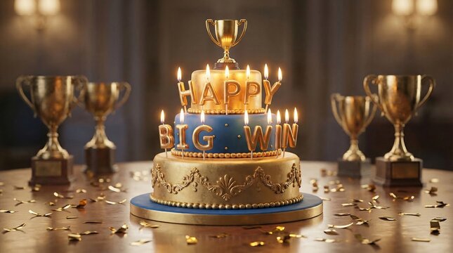Elaborate tiered cake with golden trophies and lit candles celebrating a big win with confetti scattered on a wooden table