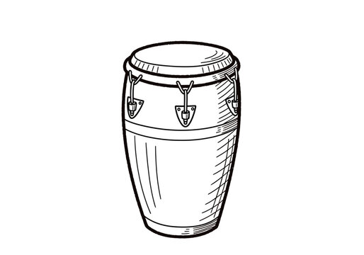 Black and white line drawing of a single conga drum viewed frontally