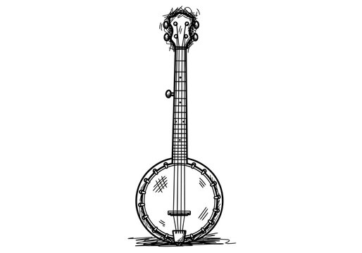 Black and white sketch of a fivestring banjo standing upright on a white background