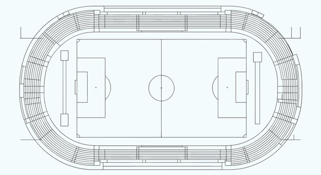 Technical drawing of an oval sports stadium with seating and field layout, Generative AI.