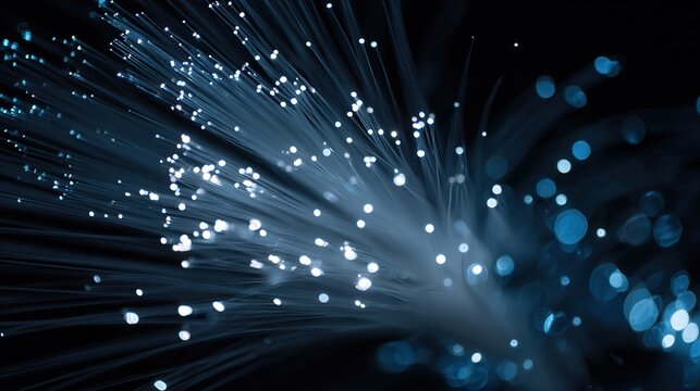 Tiny blue photon scattering effects. Closeup view of luminous fiber tips with blue spots. High contrast detailed photograph capturing small blue photons and soft bokeh effects on fiber tips