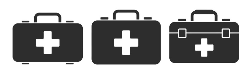 Obraz premium Collection first aid kit silhouette icon vector set for logo, simple emergency healthcare symbols, minimal rescue equipment shapes, modern medical support icons, monochrome isolated vector design, 