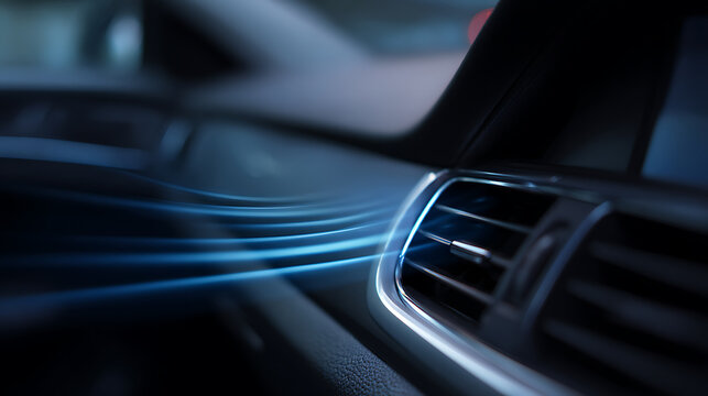 Modern car interior with air conditioning vent and bright blue airflow, showcasing comfort and advanced automotive climate control technology