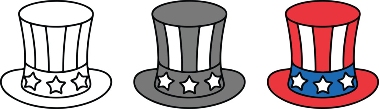 Set of three Uncle Sam top hats in line art silhouette and patriotic color vector illustration