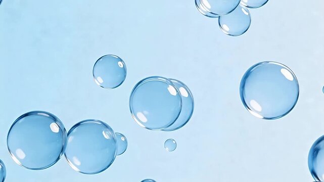 Blue transparent bubbles on light blue background