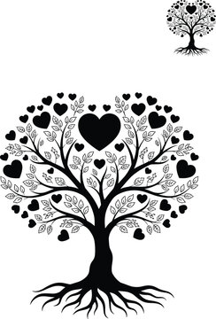Stylized love tree silhouette illustration, botanical heart artwork, decorative nature design concept, black and white vector template set