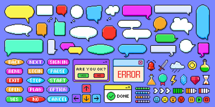 Set of 8 bit pixel video game element for mobile, computer and cyberspace online gaming business. Retro y2k sticker, speech bubble, message frame and dialogue box with comic text and gamer icon.