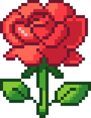 Obraz premium Pixel Art Rose Icon. Romantic Red Flower Retro Style