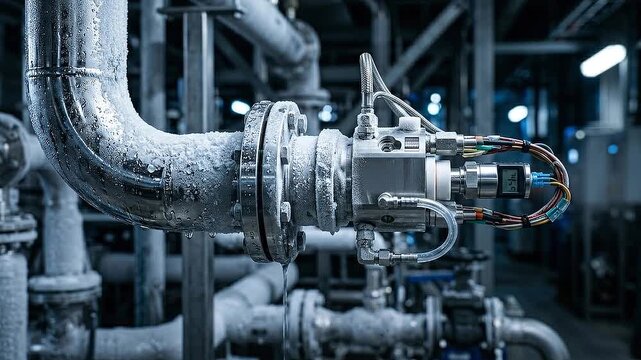 Frosted steel pipe control valve sensor condensation industrial pipeline green hydrogen infrastructure frozen metal flange insulated pipe monitoring
