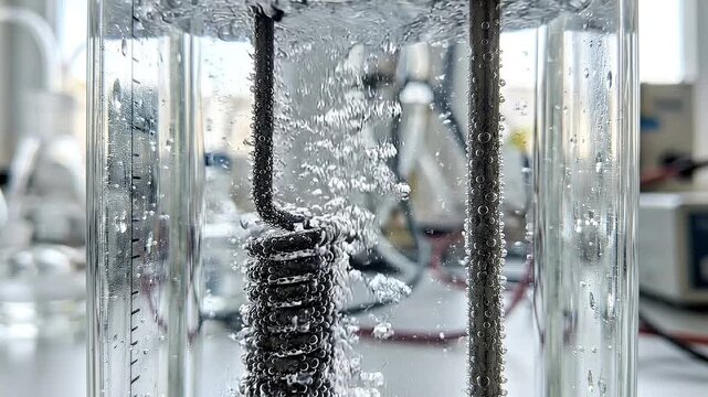 Green hydrogen infrastructure laboratory electrolysis cell with bubbling electrolyte and metal coil electrode reactor showing tubing and clear tank