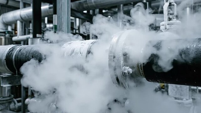 Green hydrogen infrastructure pipeline pipe releasing steam with frozen flange valve and metal piping industrial plant conveying energy transition