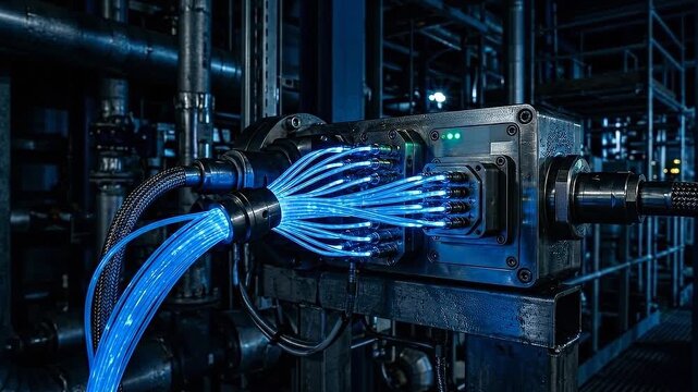 Green hydrogen infrastructure fiber optic cable energy glowing blue industrial control room cables and illuminated connectors conveying data