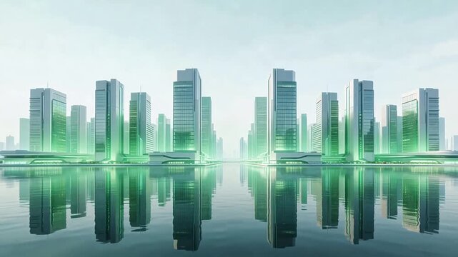 Futuristic cityscape with green glowing buildings