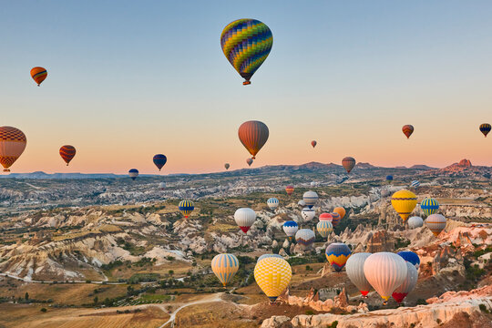 Balloons in rose valley, Cappadocia. Flights in Goreme. Turkey