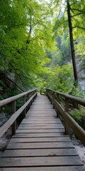 Fototapeta premium Wooden boardwalk through sunlit green forest descending peaceful pathway with handrails surrounded by lush foliage