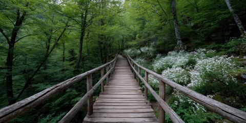 Fototapeta premium Wooden boardwalk forest walkway green path lined with white wildflowers and dense greenery leading up through a serene woodland