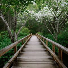 Fototapeta premium Wooden boardwalk forest morning sunlight flowering trees lush green foliage tranquil pathway leading into dense woodland with blooming white blossoms above serene nature scene