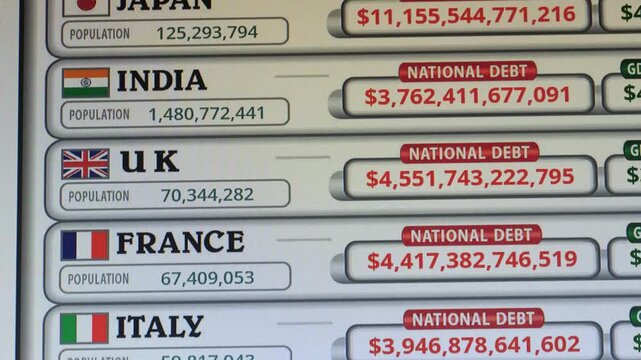 Global National Debt Statistics Displayed on Screens