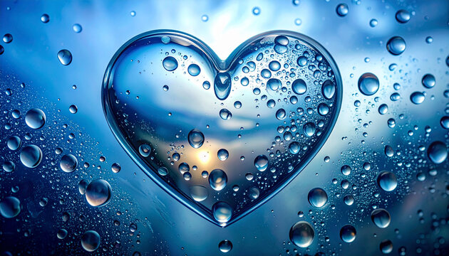 Transparent water heart with droplets against blue background