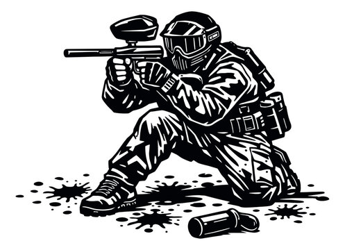 Graphic illustration of a paintball player depicting an aiming stance for action sports competition
