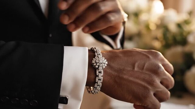 Man adjusting a sparkling diamond bracelet on his wrist