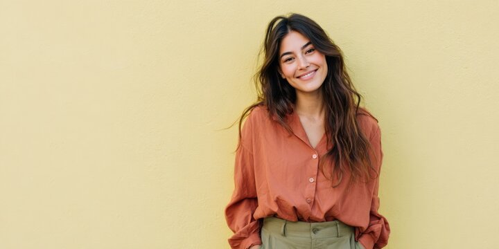 Female unknownrace young adult smiling rust blouse tucked into olive pants against pale yellow wall casual halfbody portrait