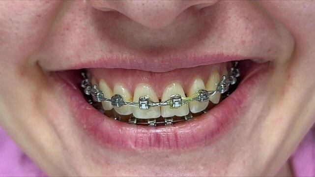 Closeup Caucasian Smile With Metal Braces Showing Progress After Adjustment, Bright Expression In Clinic