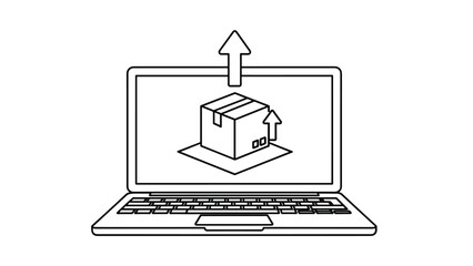 Fototapeta premium Outlined illustration of laptop computer with shipping box and upward arrows on screen representing digital delivery or upload.