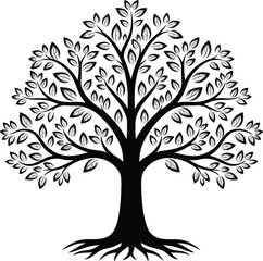 Obraz premium Vector silhouette of a large leafy tree with intricate branches and roots, organic nature symbol for environmental design isolated on white background