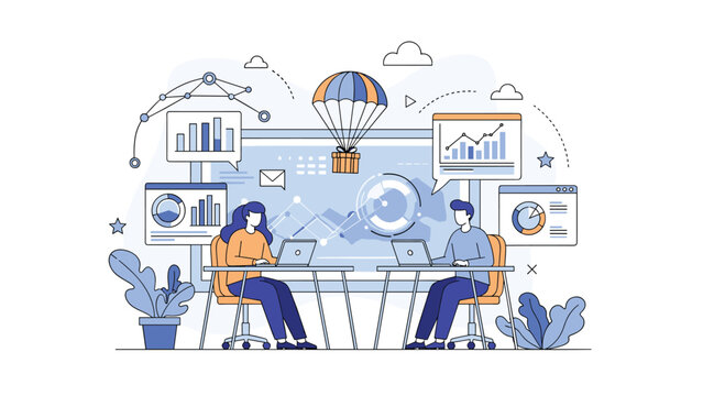 Business team working on laptops with data visualization screens and a parachute delivery representing agile operations.