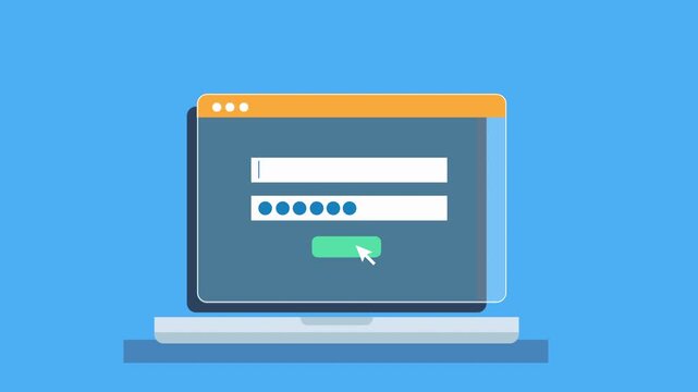 Flat animation of login form followed by loading progress bar and checkmark confirmation, representing successful authentication, secure access, and system validation.