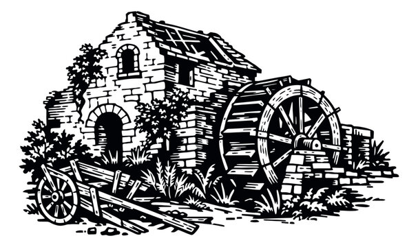 Line art illustration of a watermill depicting a rustic stone building with a large water wheel for historical designs