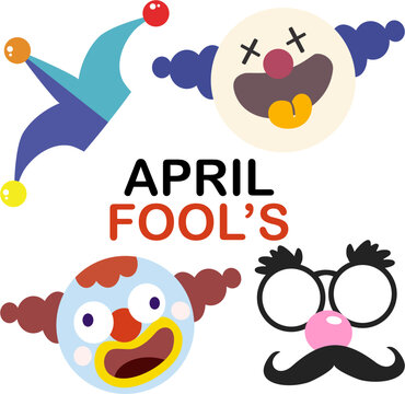April Fools Day vector illustration with funny clown faces, jester hat, and disguise glasses.