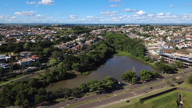 Aerial Drone View of Ourinhos City with Lake and Urban Landscape in 4K
