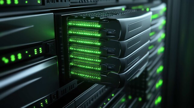 stack of solid-state drives (SSDs) in a server rack, their casings sleek and metallic, with one drive partially pulled out to reveal the glowing NAND flash memory chips inside, detailed interior. 