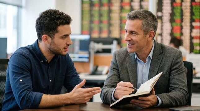 Engaged active trader receiving leverage explanations from broker focused view capturing animated exchange with blurred stock ticker display behind.