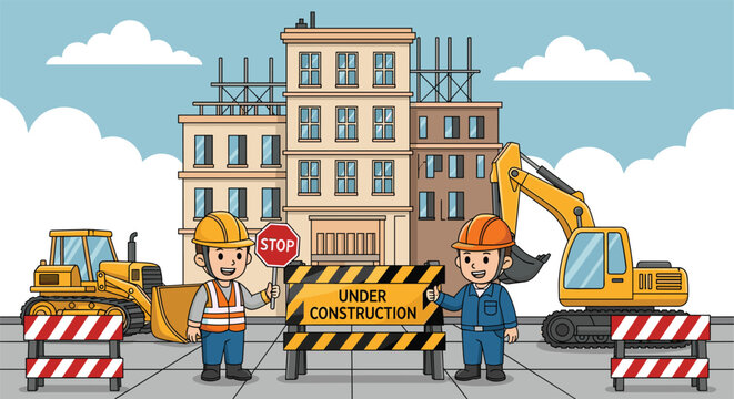 Under construction site vector illustration with workers, excavator, bulldozer, building and warning sign, urban development concept