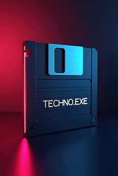 Storing techno executable file on retro futuristic black floppy disk