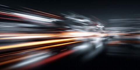 Fototapeta premium Streaks of bright white and orange light blur across a dark background suggesting rapid motion.
