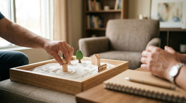 Adult Patient Hands Using Miniatures in Sandplay Therapy Session with Counselor