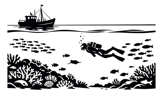 Bold illustration of an underwater scene depicting a scuba diver swimming with fish and coral for marine exploration