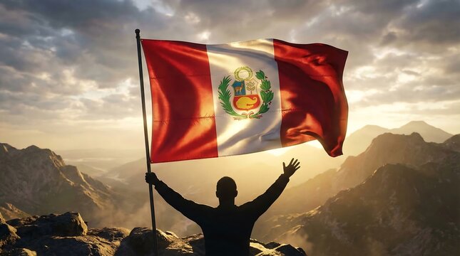 Peruvian flag waving triumphantly on a rocky mountain summit at sunrise with a silhouette of a person celebrating victory and achievement