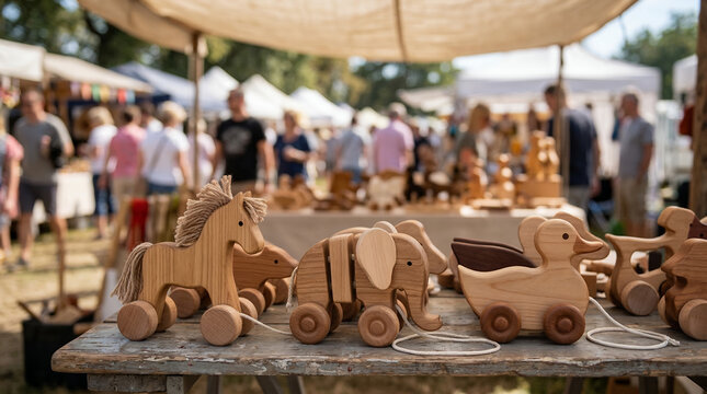 Wooden toy animals displayed on table at outdoor craft market  