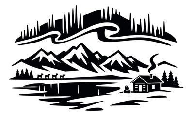 Fototapeta premium Stylized graphic illustration of a winter landscape depicting a cozy cabin, aurora borealis, mountains, and a dog sled team for adventure travel branding